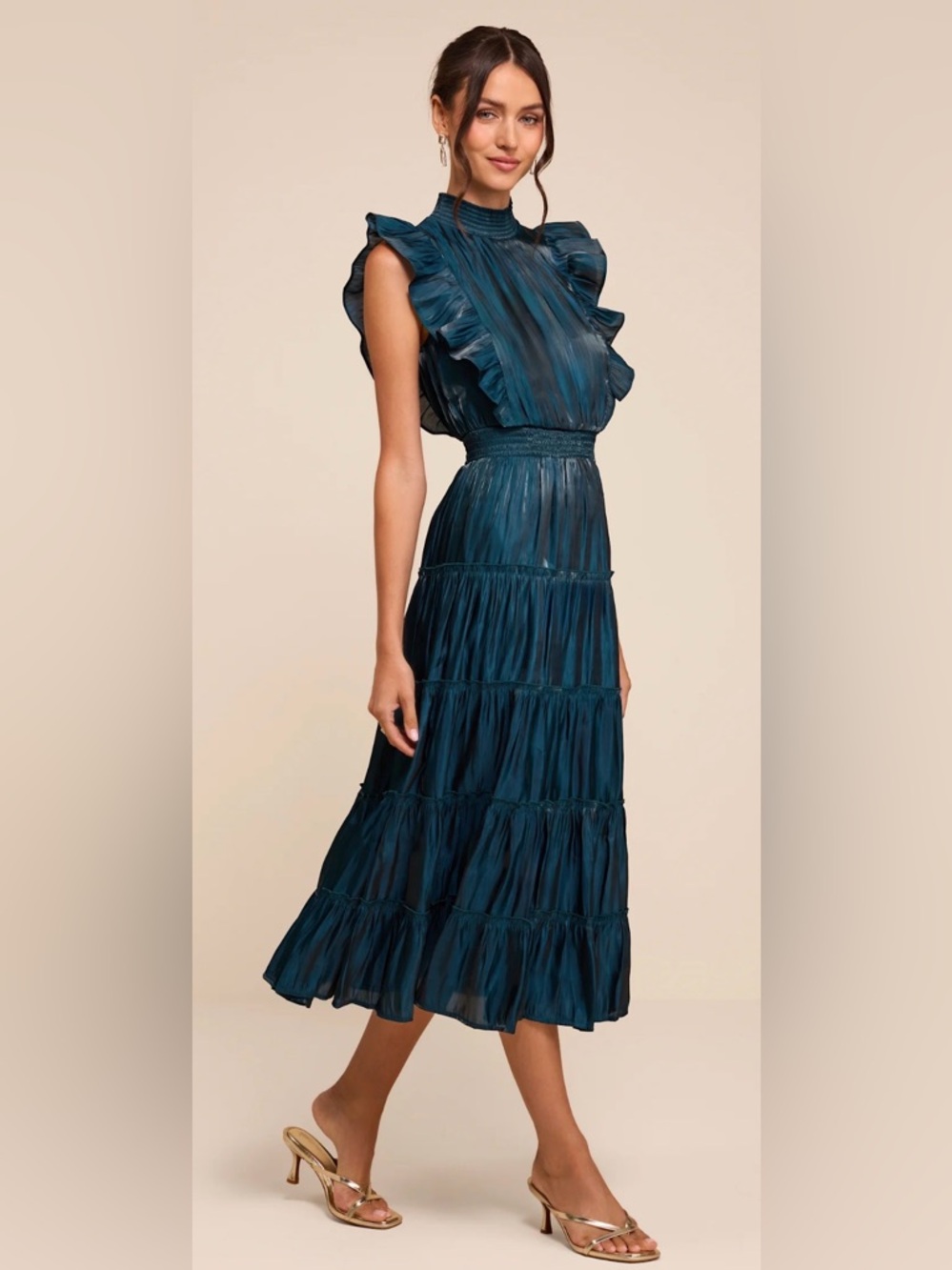 Lulus Take a Glance Emerald Green Tiered Mock Neck Midi Dress